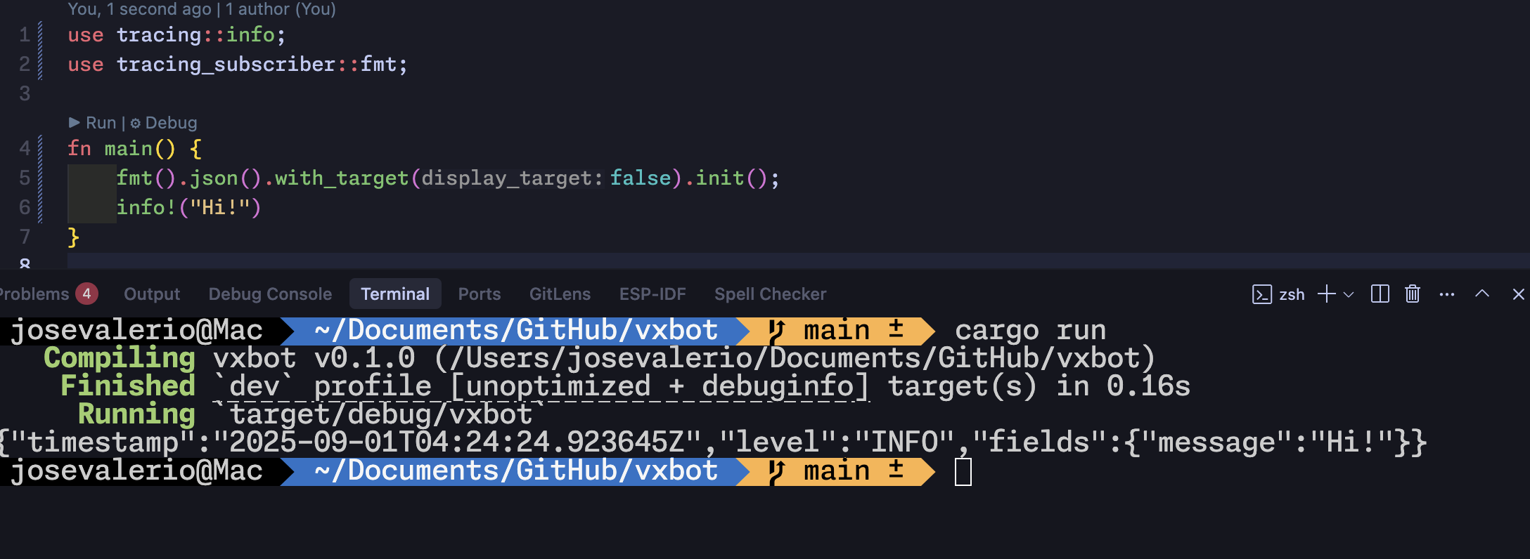 Terminal output showing basic JSON logging with tracing crate - displays a simple 'Hi!' message with timestamp and level fields in JSON format