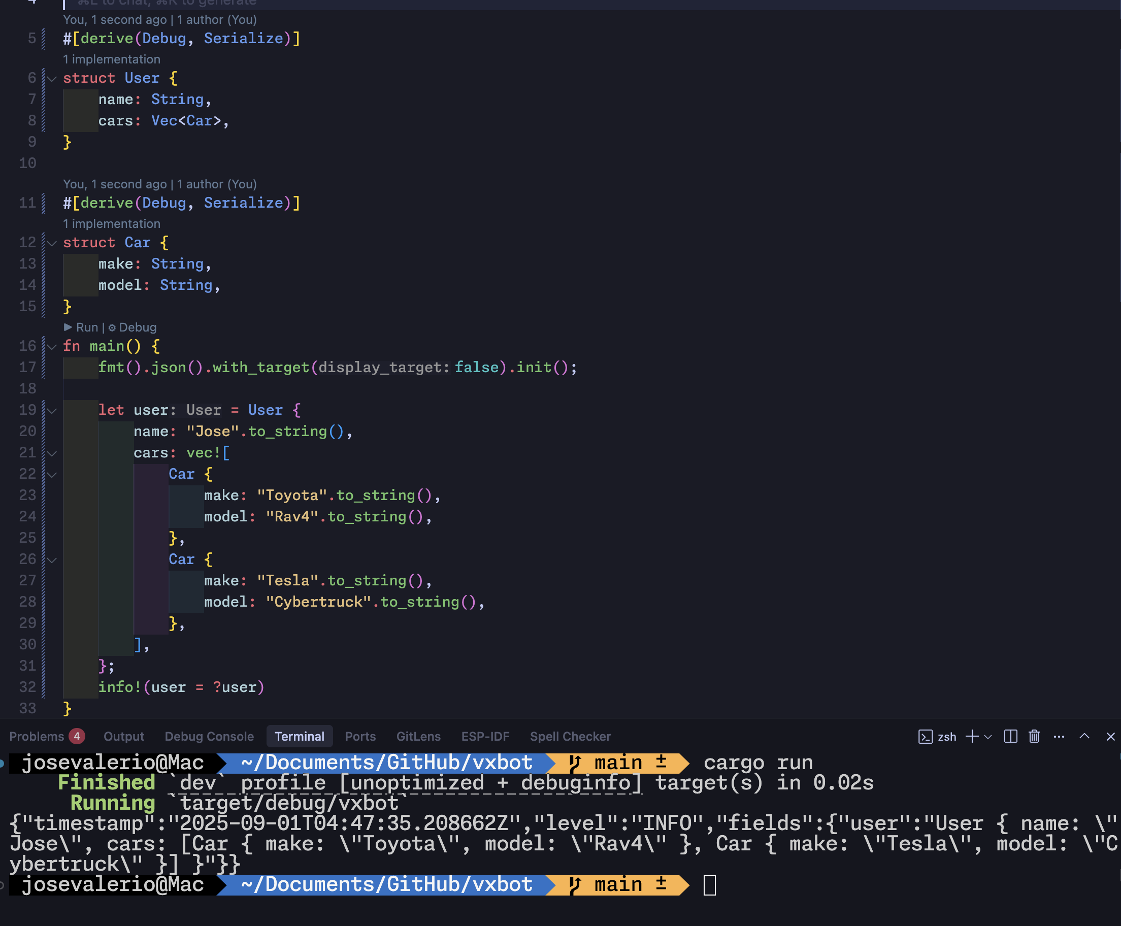 Terminal output showing problematic JSON logging with Debug formatting - user data appears as escaped strings instead of proper JSON objects