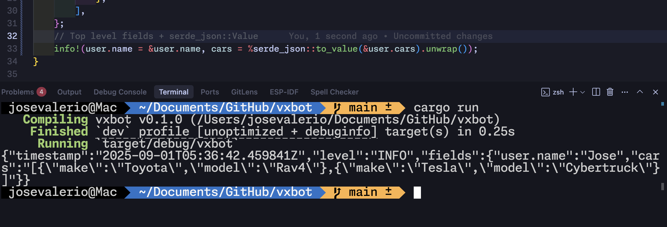Code snippet showing workaround attempt using serde_json::Value and Display formatting with % sigil - still results in nested objects being stringified