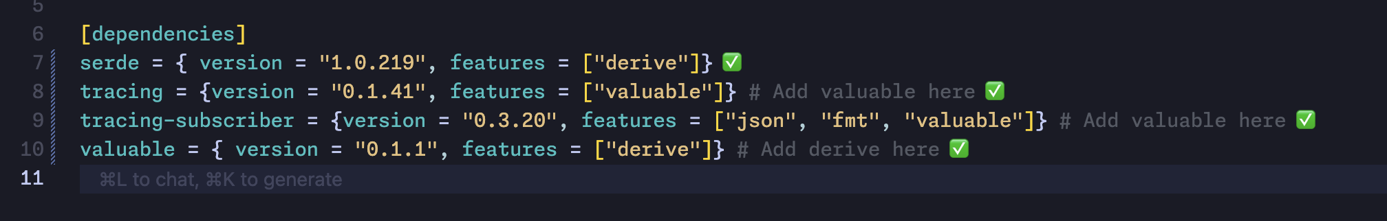 Cargo.toml file showing feature flag configuration - valuable crate with derive feature, and tracing/tracing-subscriber with valuable features enabled