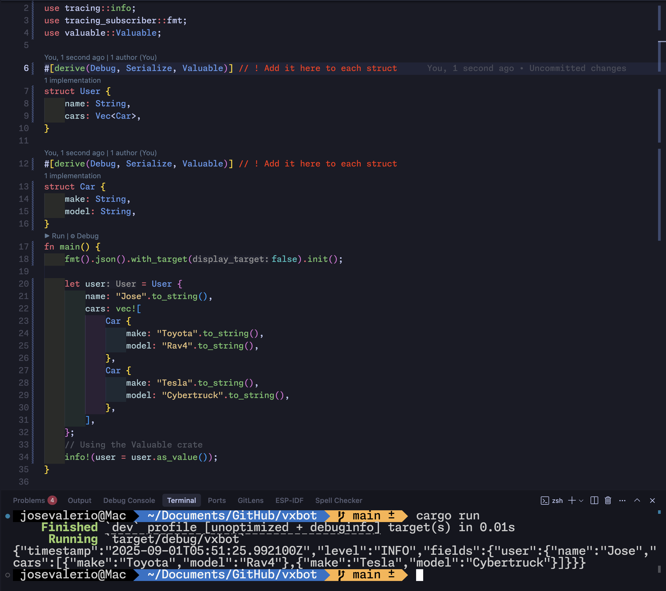 Rust source code showing structs with #[derive(Debug, Serialize, Valuable)] attributes and logging call using user.as_value() method