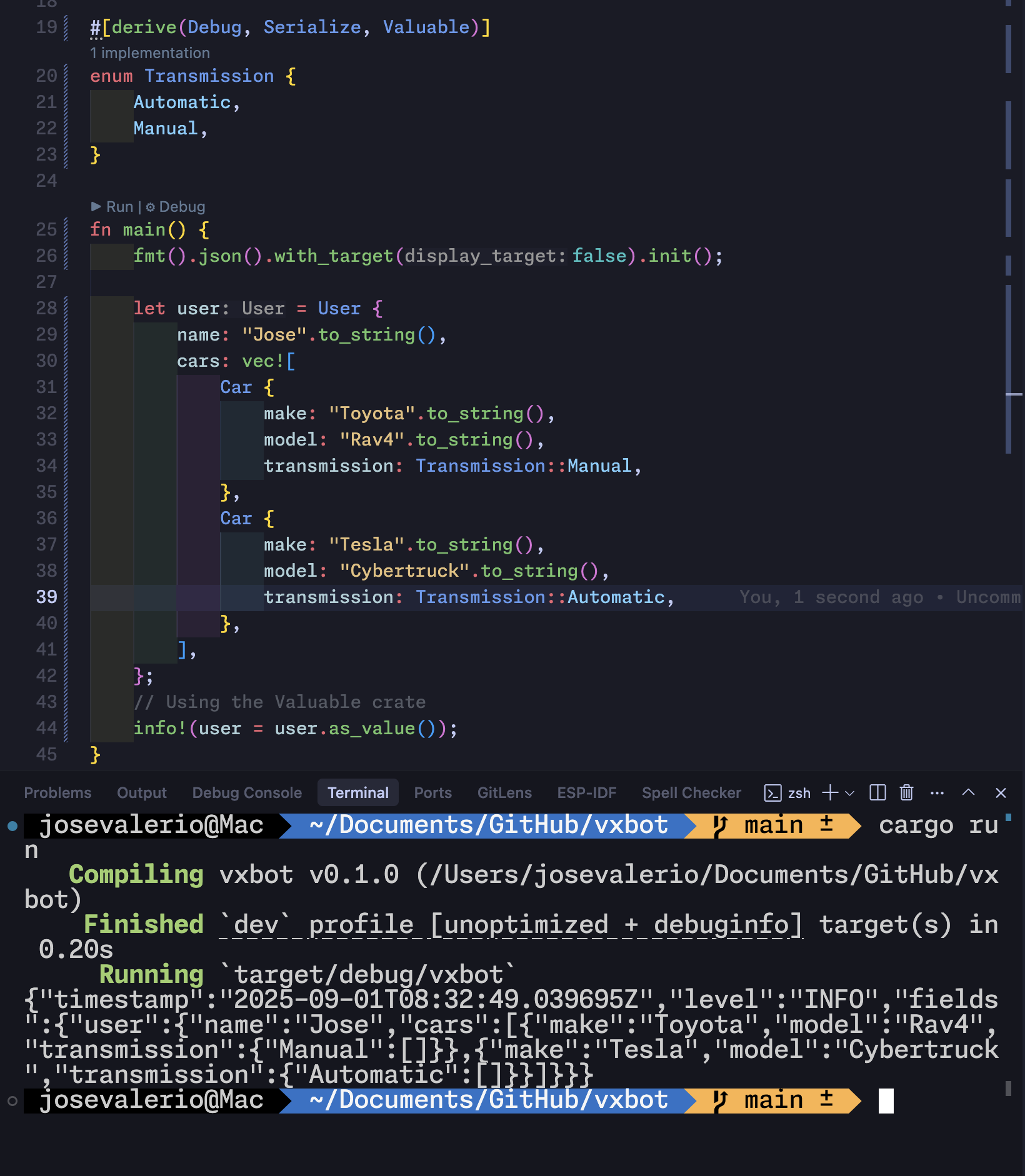 Terminal output demonstrating enum serialization issue - shows how Transmission::Manual and Transmission::Automatic enums are represented in JSON logs
