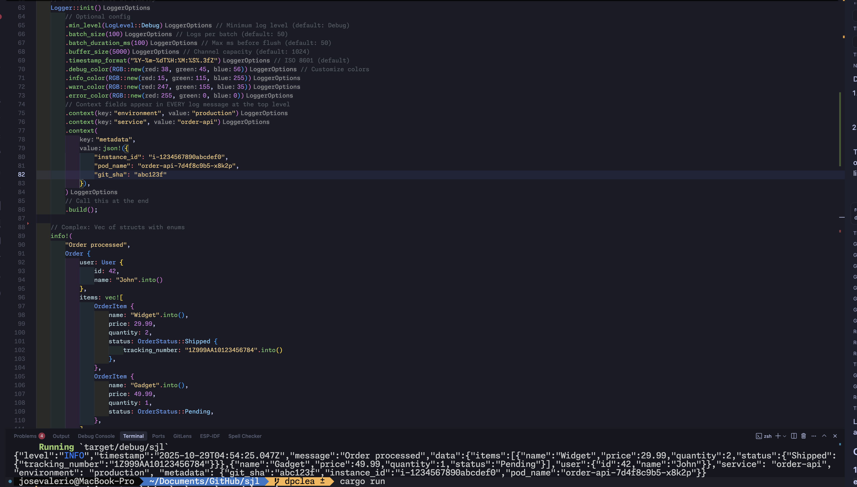 Terminal output showing sjl crate logging properly formatted JSON